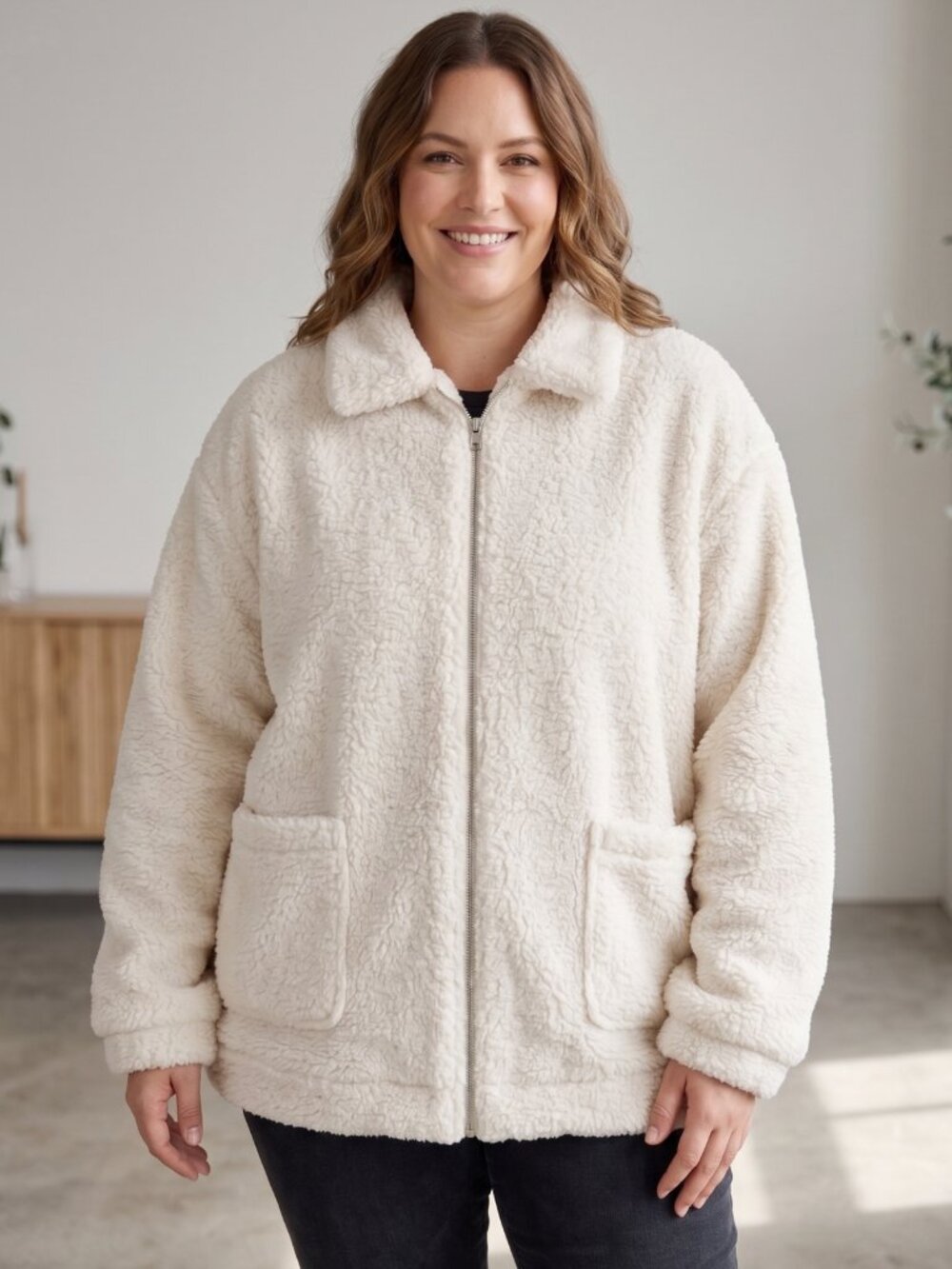 NWT PrettyGarden Off White Sherpa Teddy Jacket Full Zip Coat XXL